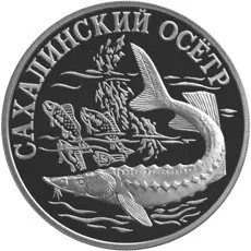 Монета «Сахалинский осётр» 2001 — 1 рубль серебро, серия Красная книга — аверс