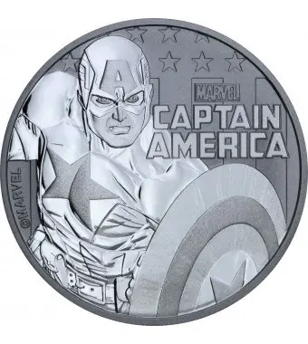 Монета «Капитан Америка Marvel» Тувалу: 31,1 г серебра, описание — аверс