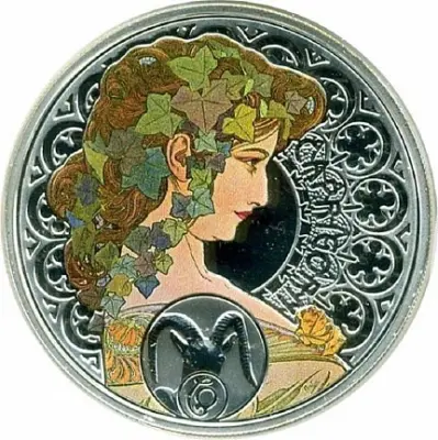 Зодиак Альфонса Мухи — Козерог 2010, серебряная монета Ниуэ 28,28 г — аверс