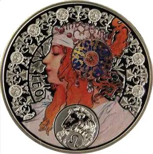 Зодиак Альфонса Мухи — Лев 2011, серебряная монета Ниуэ 28,28 г — аверс
