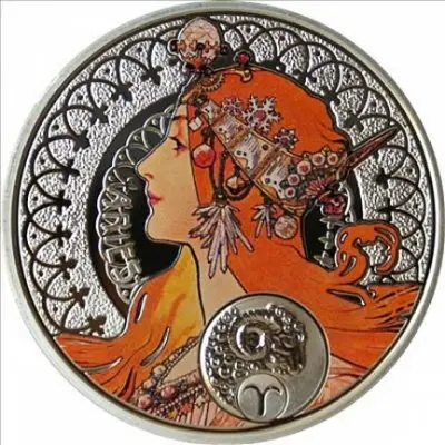 Зодиак Альфонса Мухи — Овен 2011, серебряная монета Ниуэ 28,28 г — аверс