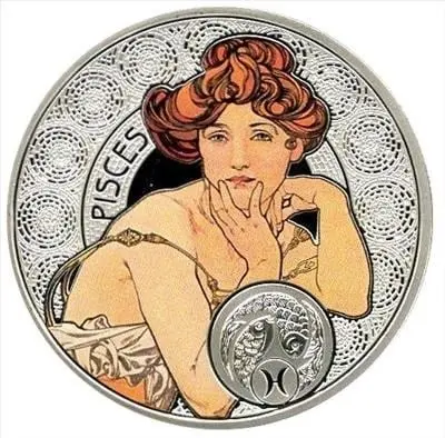 «Зодиак Альфонса Мухи — Рыбы» 2011, серебро 28,28 г, Ниуэ — аверс