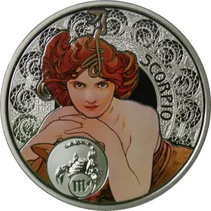 «Зодиак Альфонса Мухи — Скорпион» 2011, серебро 28,28 г, Ниуэ — аверс