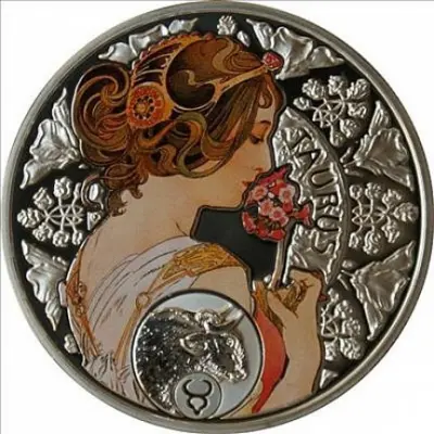 «Зодиак Альфонса Мухи — Телец» 2011, серебро 28,28 г, Ниуэ — аверс