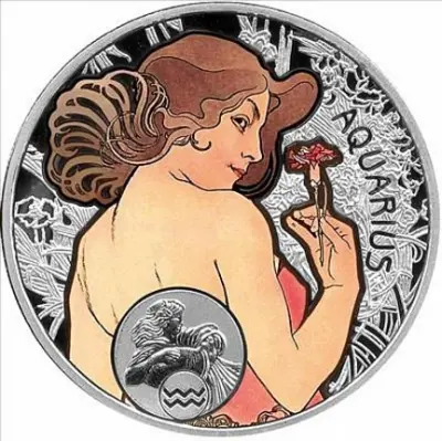 Зодиак Альфонса Мухи — Водолей 2010, серебряная монета Ниуэ 28,28 г — аверс