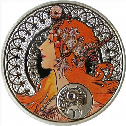 "Зодиак Альфонса Мухи - Овен"2011г. 28,28 г.ч. серебра. Ниуэ