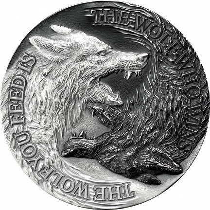 "Два волка" 2021 г., (высокий рельеф), 31,1 г ч. серебра.Ниуэ