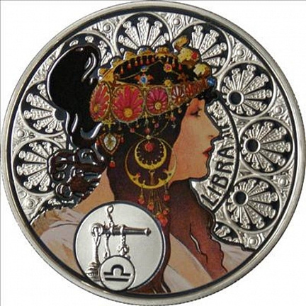 "Зодиак Альфонса Мухи - Весы" 2011г. 28,28 г.ч. серебра. Ниуэ