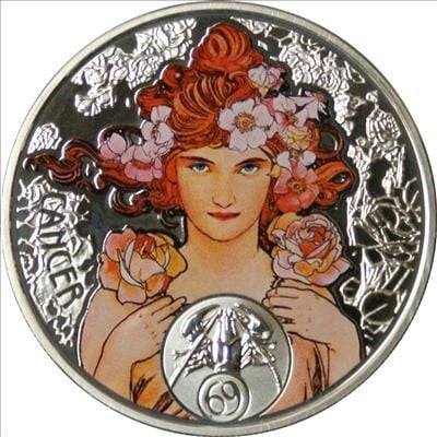 "Зодиак Альфонса Мухи - Рак" 2011г. 28,28 г.ч.серебра. Ниуэ.