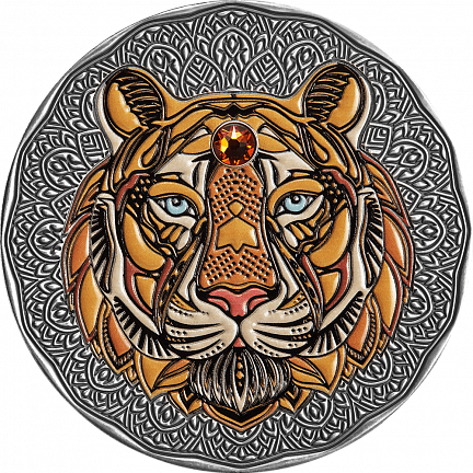 "Тигр. Mandala Art", 2022 г., 62,2 г ч. серебра. Ниуэ