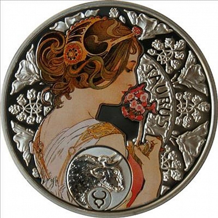"Зодиак Альфонса Мухи - Телец" 2011г. 28,28 г. ч. серебра. Ниуэ