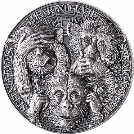 "Три мудрые обезьяны" 2022 г., 31,1 г ч.серебра. Гана