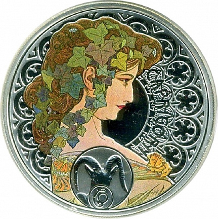 "Зодиак Альфонса Мухи - Козерог" 2010г. 28,28 г.ч. серебра. Ниуэ