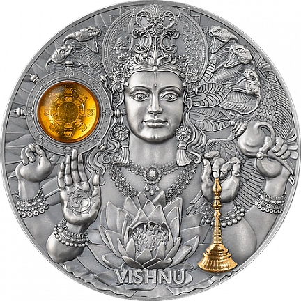 "Бог Вишну. Божественные лики Солнца" 2023г. 93,3 г. ч. серебра. Ниуэ